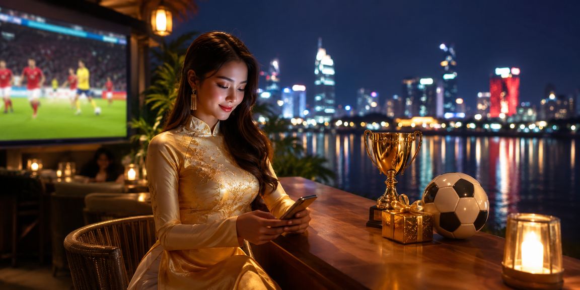 Người phụ nữ mặc áo dài tại Hà Nội xem kết quả cá cược bóng đá trực tuyến